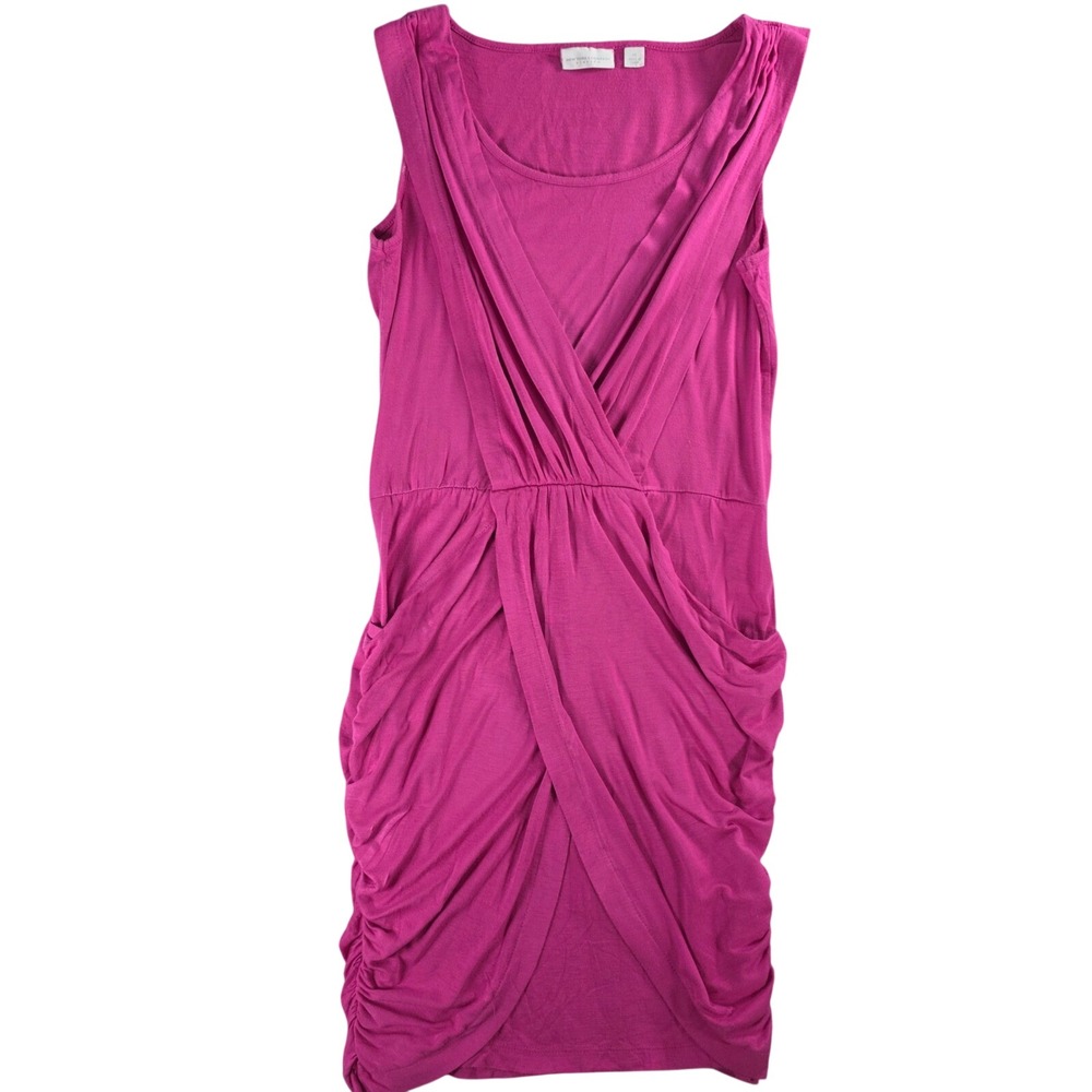 New York & Company Women XS Pink Dress Draped Ruched Tulip Surplice Stretch